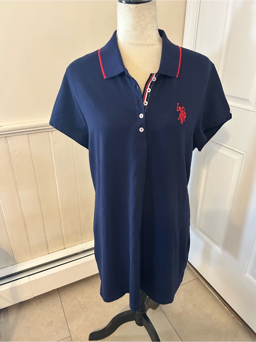 U.S. Polo Assn. Tipped Mini Polo Dress Navy Blue-Red Accents/Woman’s Size XL